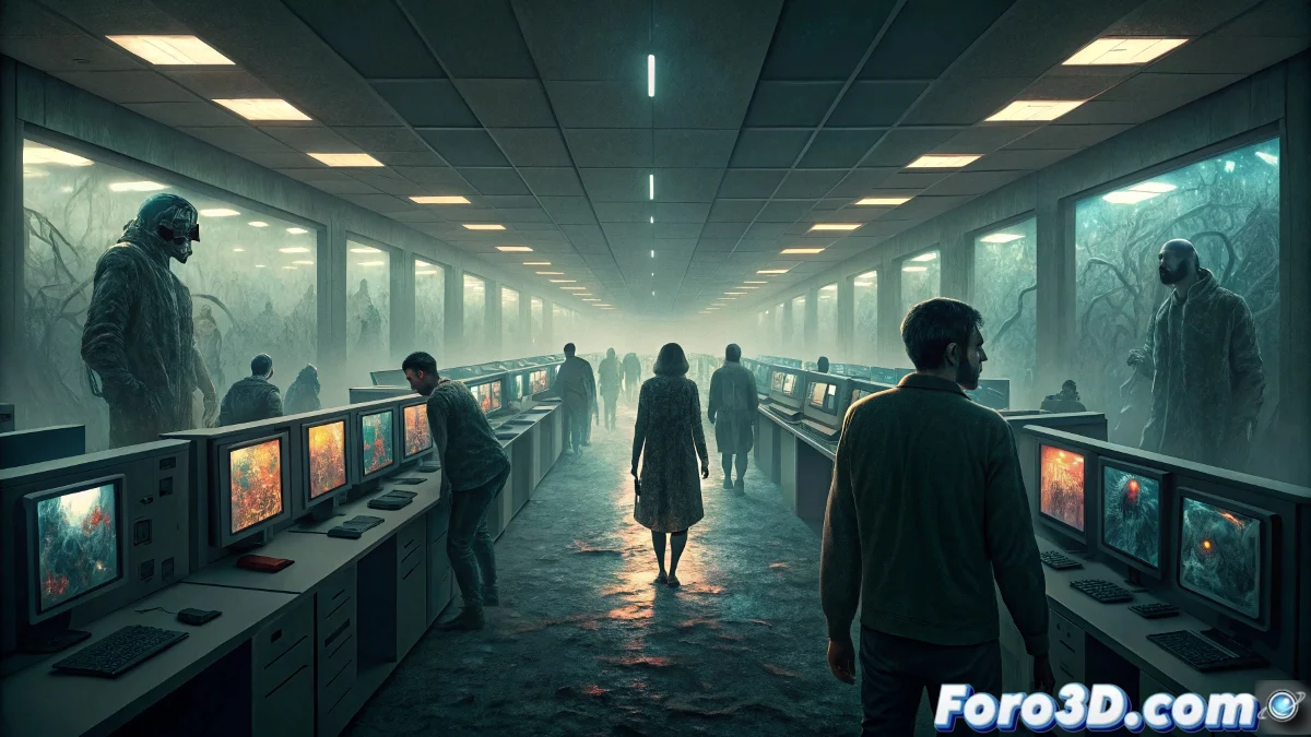 Pasillo distorsionado en oficinas de Meta con pantallas que muestran reflejos deformados de empleados, mientras luces parpadeantes crean un ambiente de tensión tecnológica y emocional.