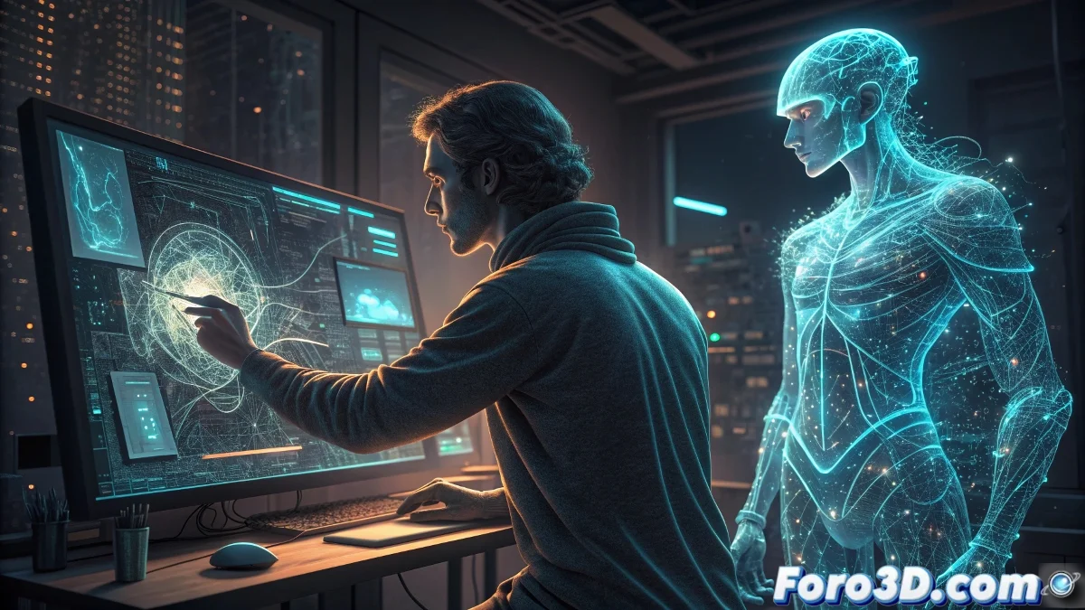 Interfaz de Blender o Autodesk Maya mostrando herramientas de IA en acción: texturizado automático, rigging inteligente y sugerencias de modelado.