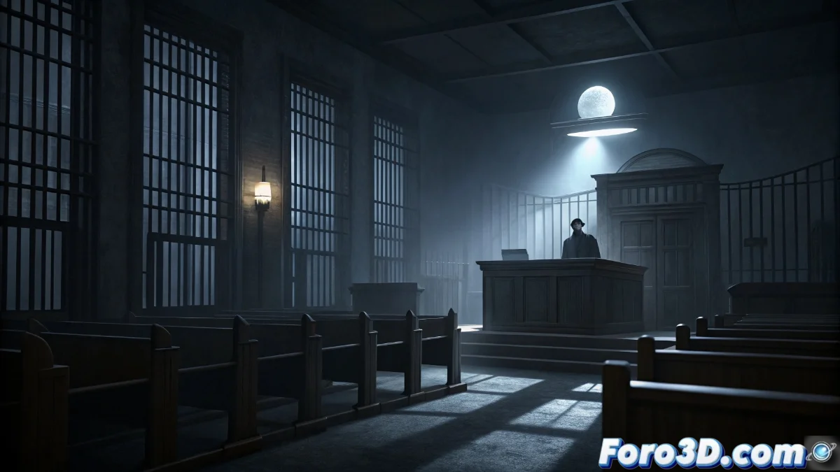 Sala de tribunal vacía con luz tenue, estrado de testigos y sombras alargadas proyectadas en paredes de mármol