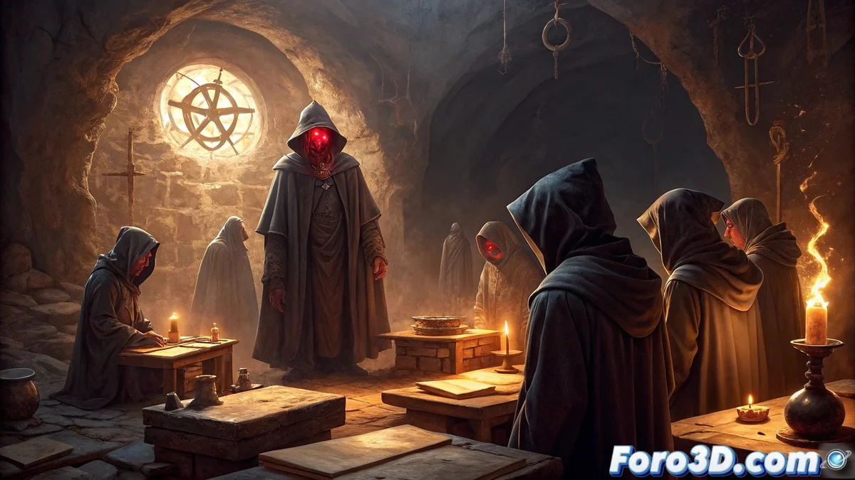 Cueva subterránea con paredes rocosas iluminada por antorchas, sombras danzantes, estudiantes medievales transcribiendo grimorios con tinta roja, figura demoníaca con apariencia de erudito anciano enseñando en un círculo de piedra