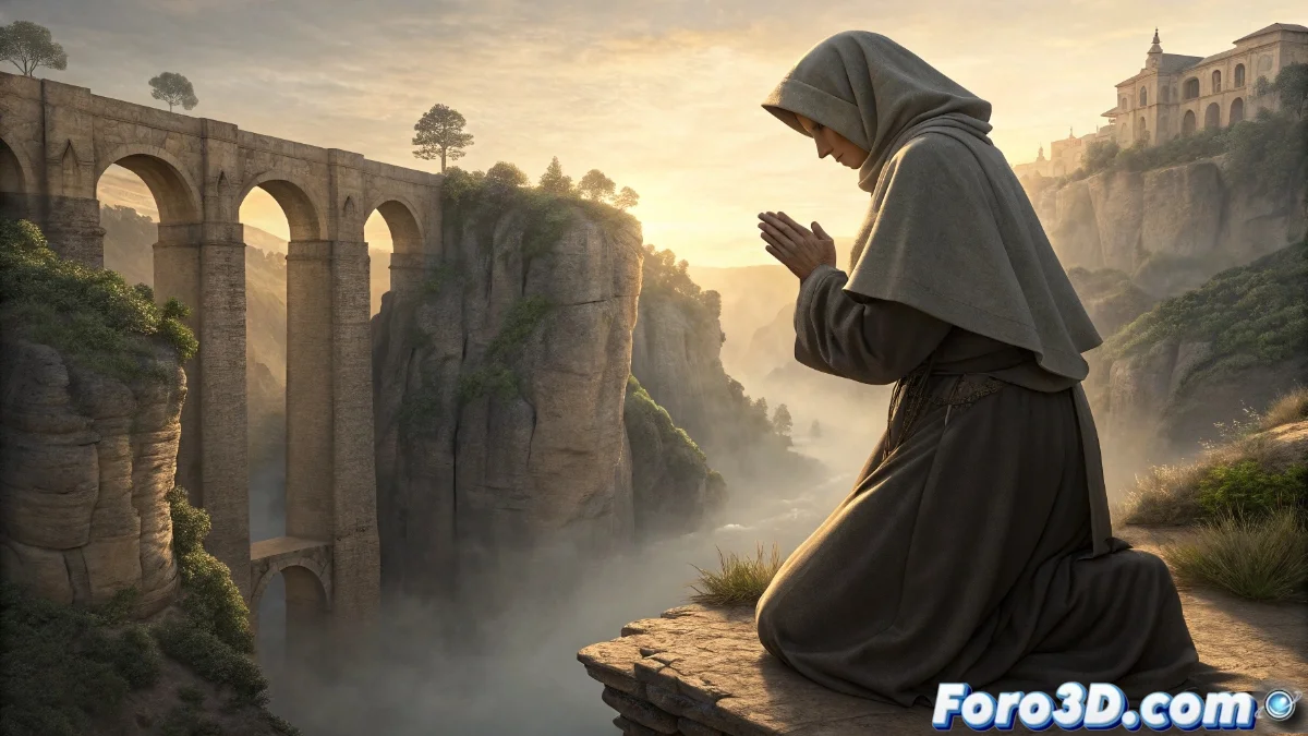 Figura femenina encapuchada arrodillada en el Puente Viejo de Ronda al amanecer, con neblina envolviendo el profundo tajo del desfiladero