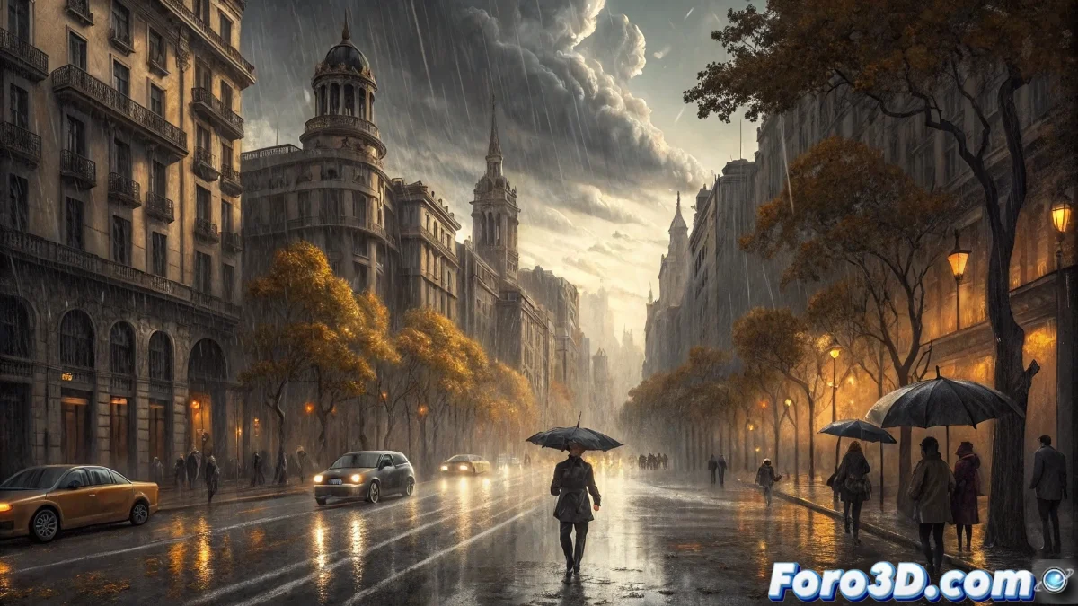 Calles de Barcelona inundadas con vehículos y peatones bajo intensa lluvia, mostrando charcos profundos y paraguas abiertos