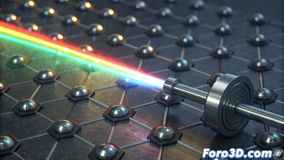 Diagrama científico mostrando la interacción entre haces de luz láser y dominios magnéticos en una aleación de tierras raras, con flechas indicando cambios en la polarización y orientación magnética.