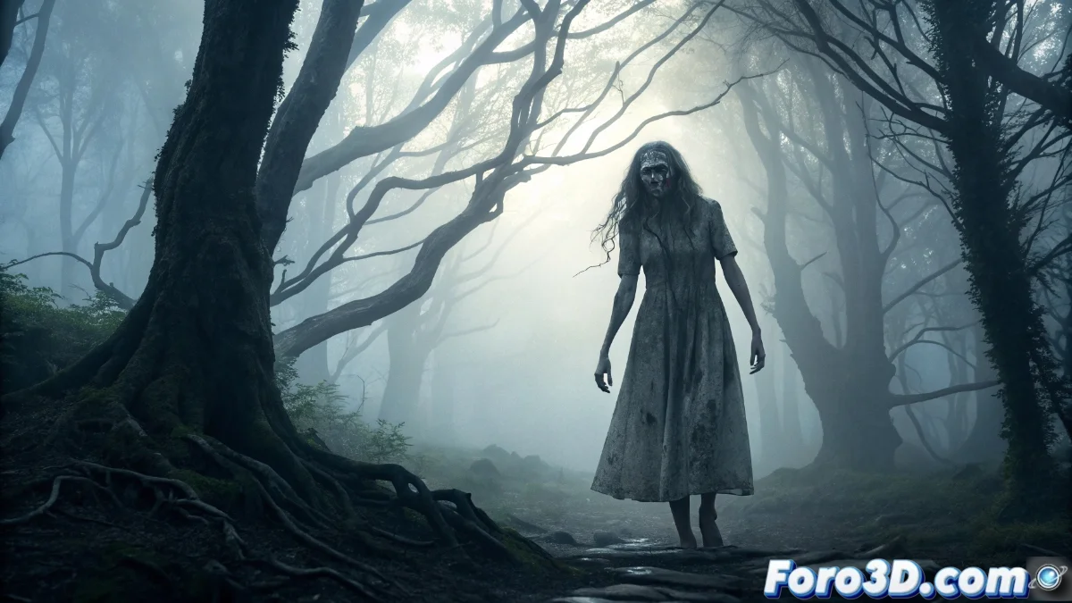 Bosque gallego cubierto por espesa niebla con siluetas femeninas etéreas entre los robles antiguos, reflejos distorsionados en un arroyo y luces tenues en la profundidad del bosque creando una atmósfera misteriosa y sobrenatural.