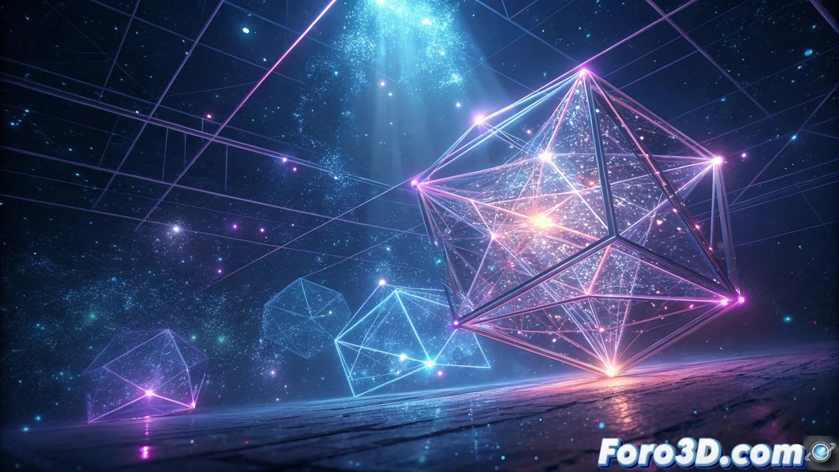 Composición abstracta que muestra wireframes superpuestos con nodos de shader y glitches controlados en tonos azules y naranjas sobre fondo oscuro