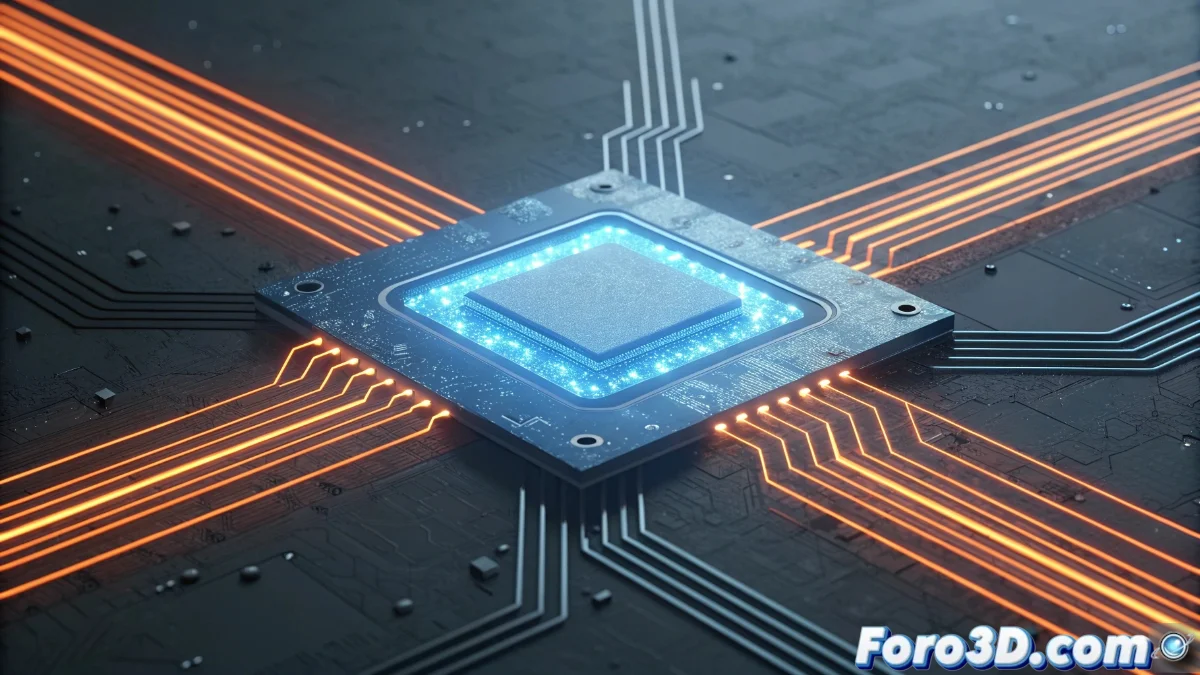 Diagrama técnico que muestra microcanales integrados en un chip de silicio, con fluidos refrigerantes circulando y disipando calor, ilustrando el concepto de enfriamiento microfluídico para procesadores de alta potencia.
