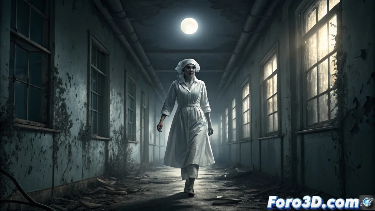 Fachada deteriorada del Sanatorio de Sierra Espuña al atardecer, con ventanas rotas y vegetación creciendo entre las grietas de las paredes, creando una atmósfera misteriosa y fantasmal.