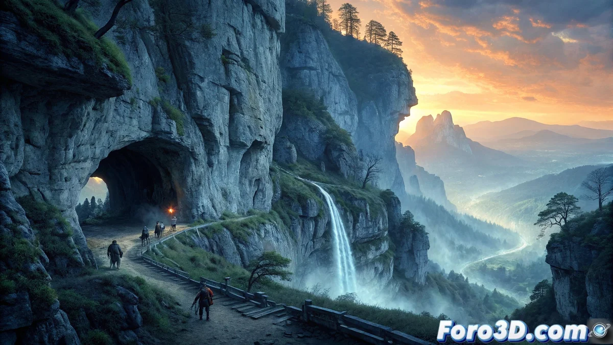 Render 3D realista de una montaña rocosa en los Apalaches al atardecer, con túneles erosionados y neblina sutil, creada en ArmorPaint con efectos de iluminación ambiental y texturas detalladas.