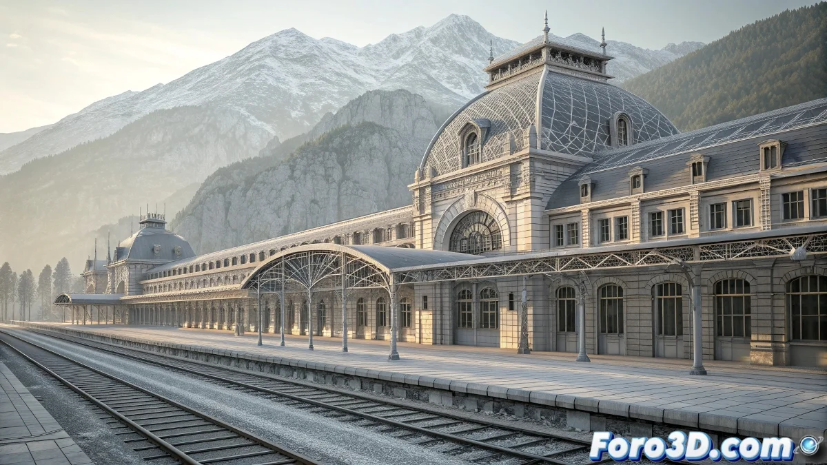 Composición digital de la estación de Canfranc mostrando andenes vacíos con efectos de niebla y luces tenues que sugieren presencias fantasmales en el ambiente abandonado