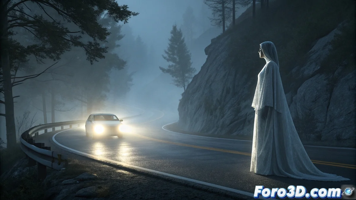 Ilustración estilo misterioso de una figura femenina vestida de blanco apareciendo en una curva carretera nocturna con neblina, donde un automóvil frena bruscamente evitando la aparición fantasmagórica