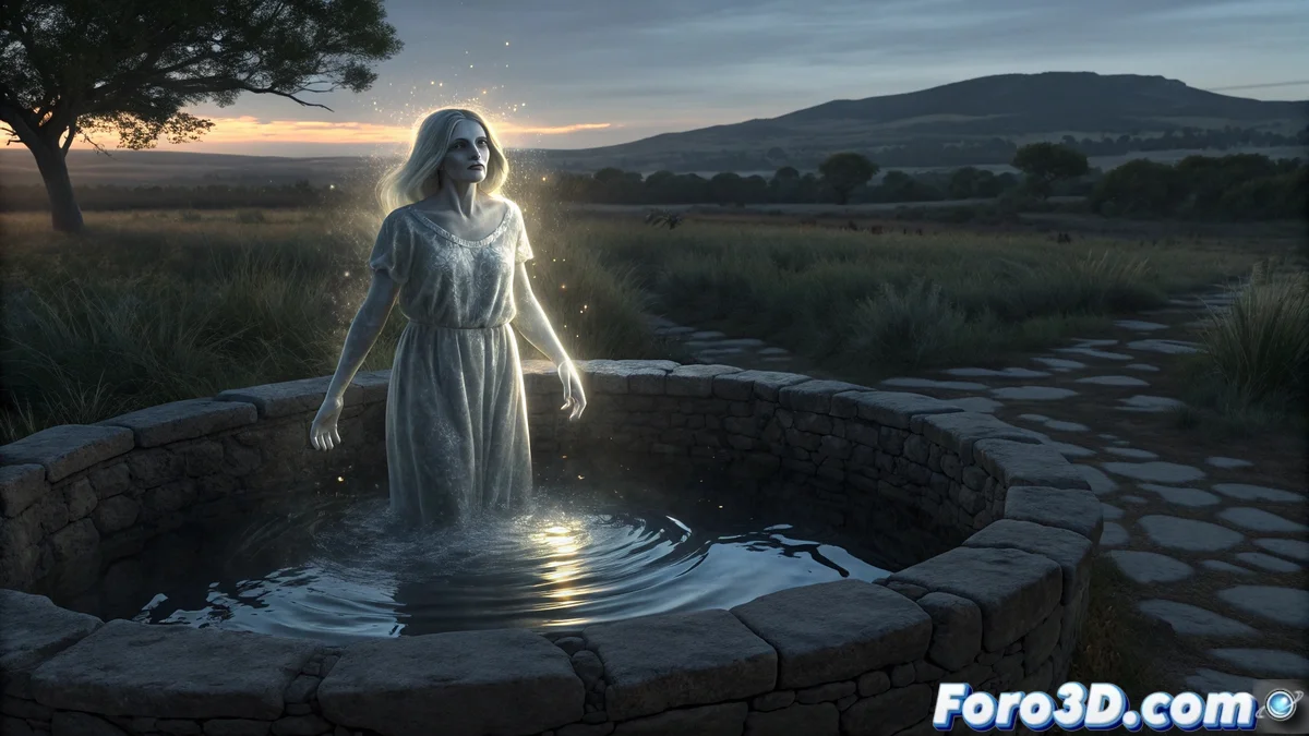 Ilustración atmosférica nocturna del Pozo de las Ánimas en La Rioja con figura etérea femenina emergiendo entre brumas y reflejos acuáticos fantasmales