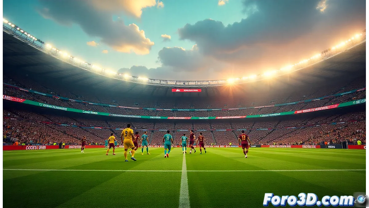 Vista aérea del estadio Santiago Bernabéu preparado para el partido de NFL con jugadores en el campo y graderíos llenos de aficionados