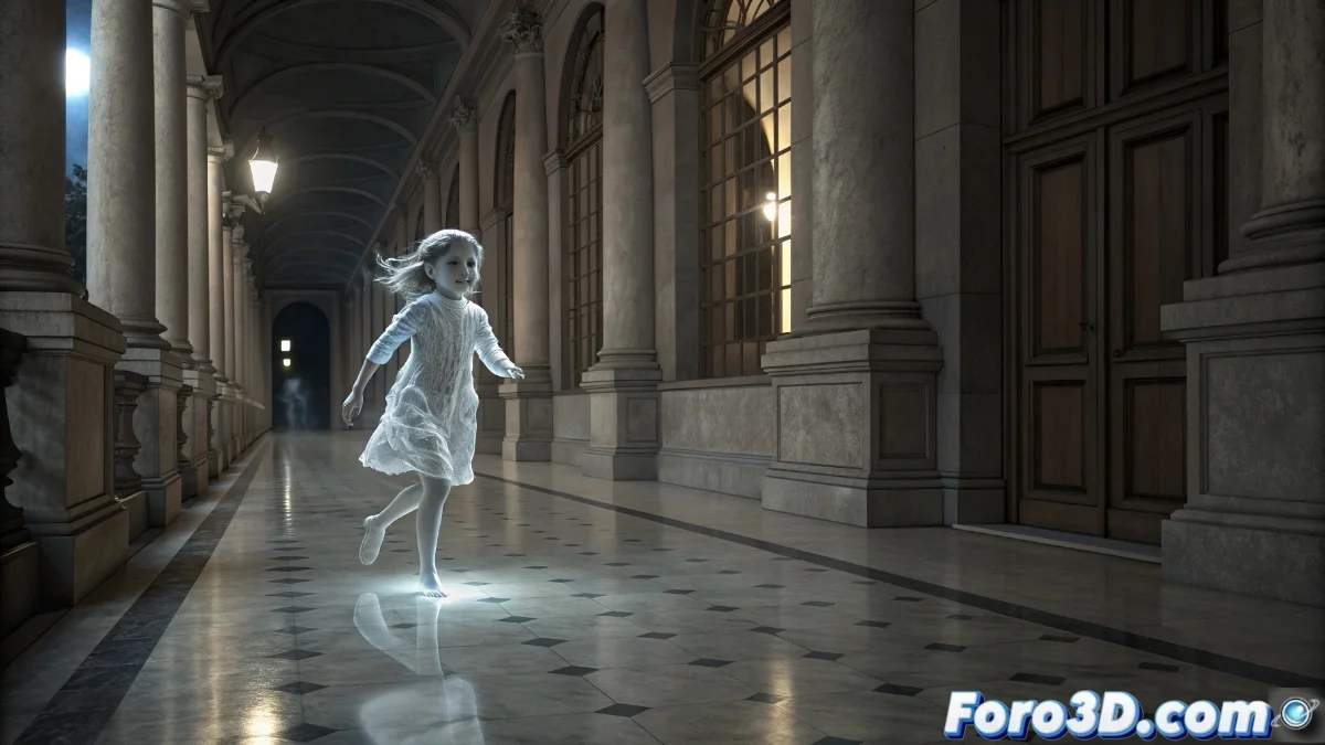 Palacio de los Guzmanes iluminado con huellas infantiles fantasmales sobre el mármol en pasillo vacío