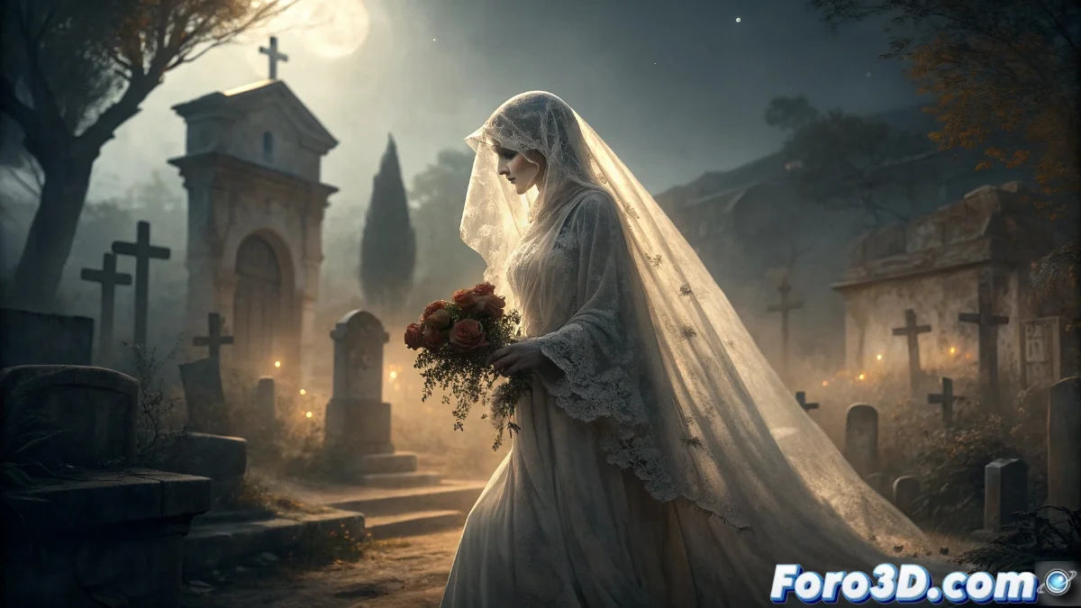 Silueta fantasmal de una novia con velo blanco caminando entre tumbas antiguas en el cementerio de Recoletas bajo la luz de la luna llena, con flores marchitas esparcidas alrededor.