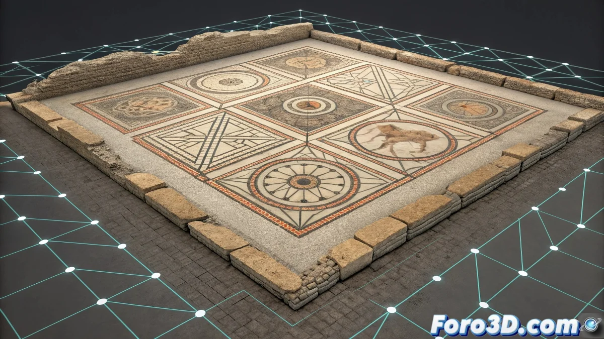 Vídeo documental de la villa romana de La Olmeda mostrando detalles de mosaicos con posibles mensajes ocultos, con efectos de transición y revelación.
