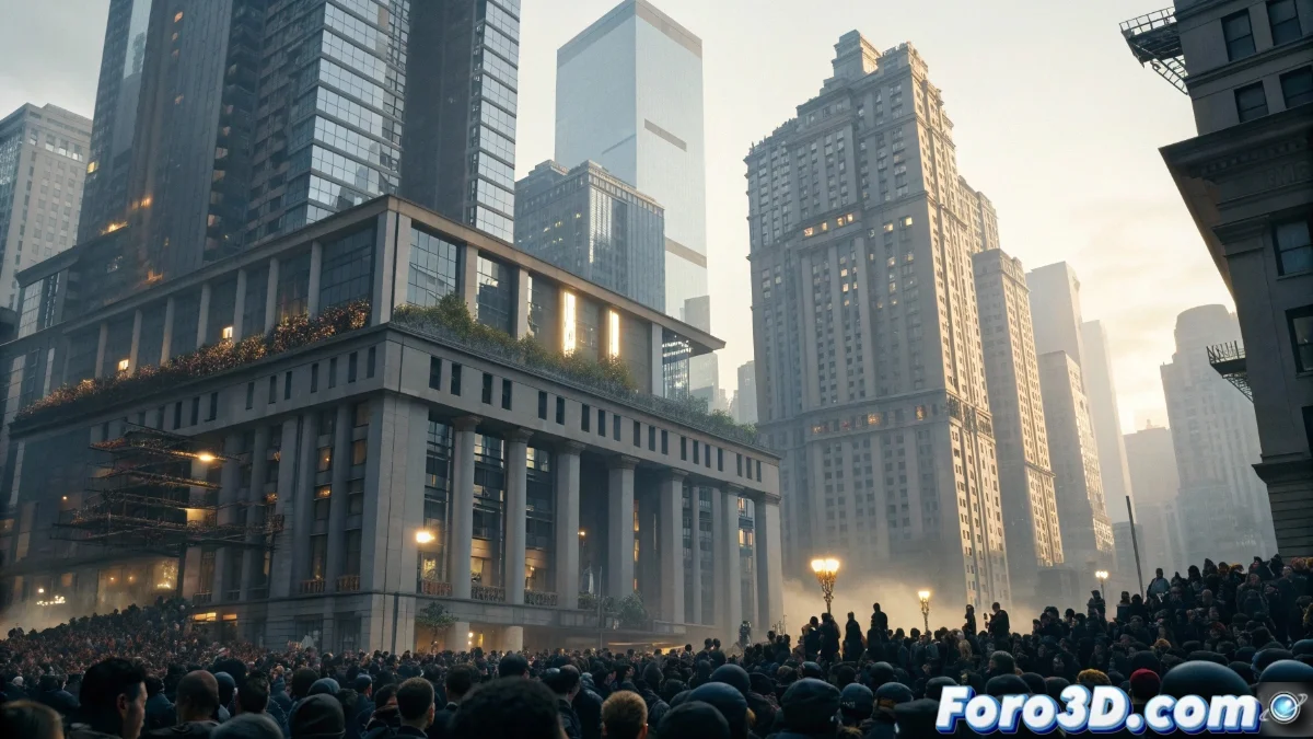 Manifestación por vivienda digna con carteles frente a edificios de lujo vacíos en contraste, mostrando la desigualdad en el acceso a la vivienda