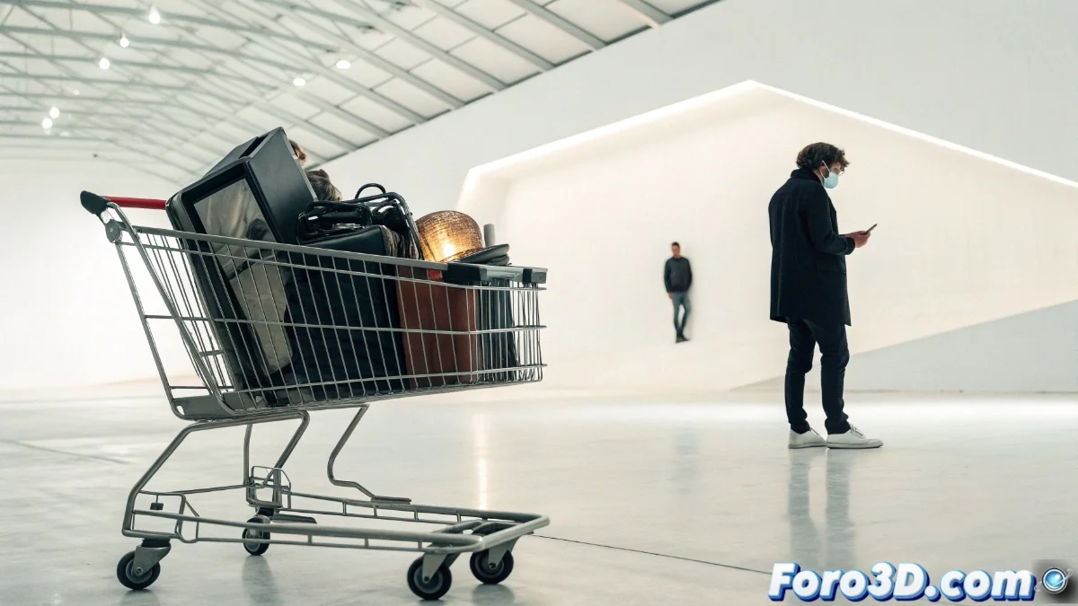 Persona con máscara de consumidor responsable sosteniendo bolsas de compras excesivas frente a un espejo que refleja su verdadera naturaleza consumista