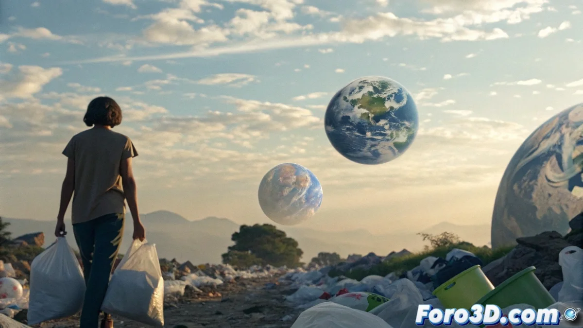 Ilustración que muestra a una persona reciclando una botella de plástico mientras recibe múltiples paquetes de compras online, con un fondo que representa la Tierra y símbolos de consumo excesivo.