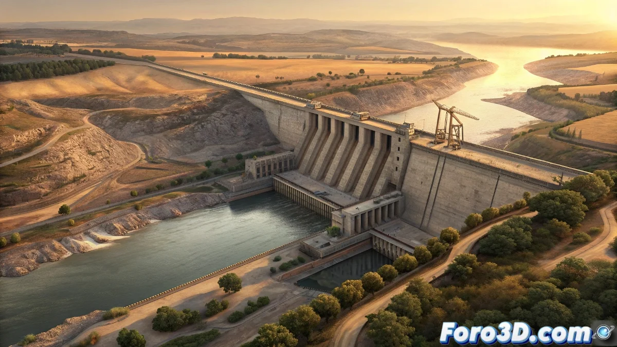 Vista aérea del embalse de La Breña II mostrando la presa terminada y los terrenos agrícolas circundantes sin sistemas de riego conectados