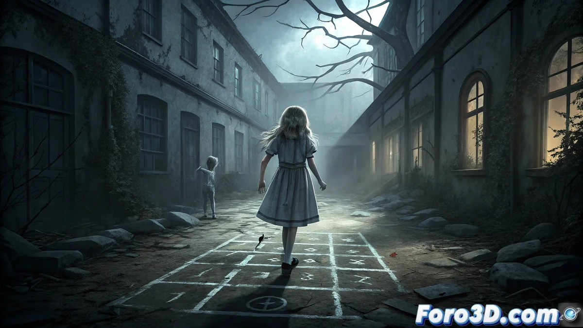 Antiguo internado abandonado con ventanas rotas, columpio oxidado en primer plano y silueta fantasmagórica desvaneciéndose entre los escombros al anochecer