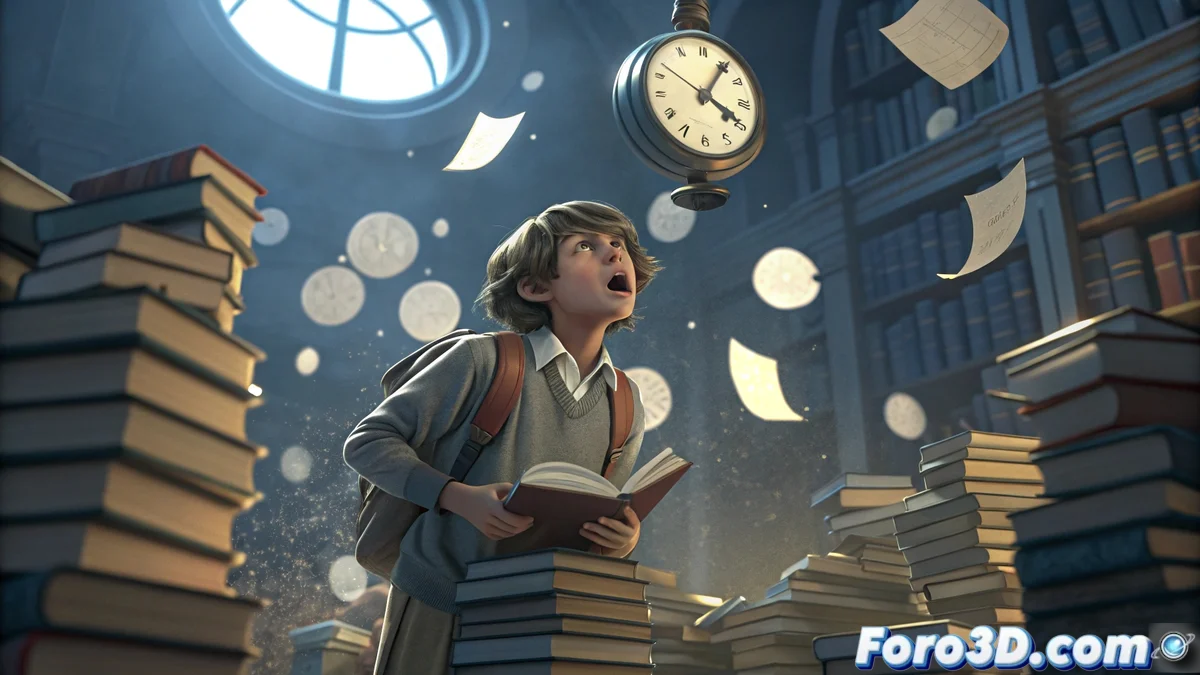 Persona observando un reloj de arena junto a libros de idiomas y un cartel con la palabra 