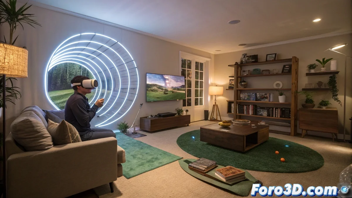 Persona jugando minigolf en realidad virtual con visor VR mientras interactúa con obstáculos virtuales superpuestos en su sala de estar real.