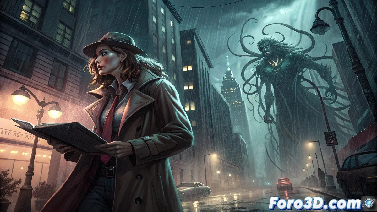 La detective Amy Sun investigando una escena del crimen mientras la entidad sobrenatural The Ribbon Queen se manifiesta en el fondo de la ciudad de Nueva York.