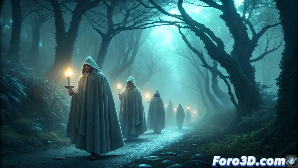 Procesión fantasmal de figuras encapuchadas con velas avanzando por camino rural gallego entre la niebla nocturna