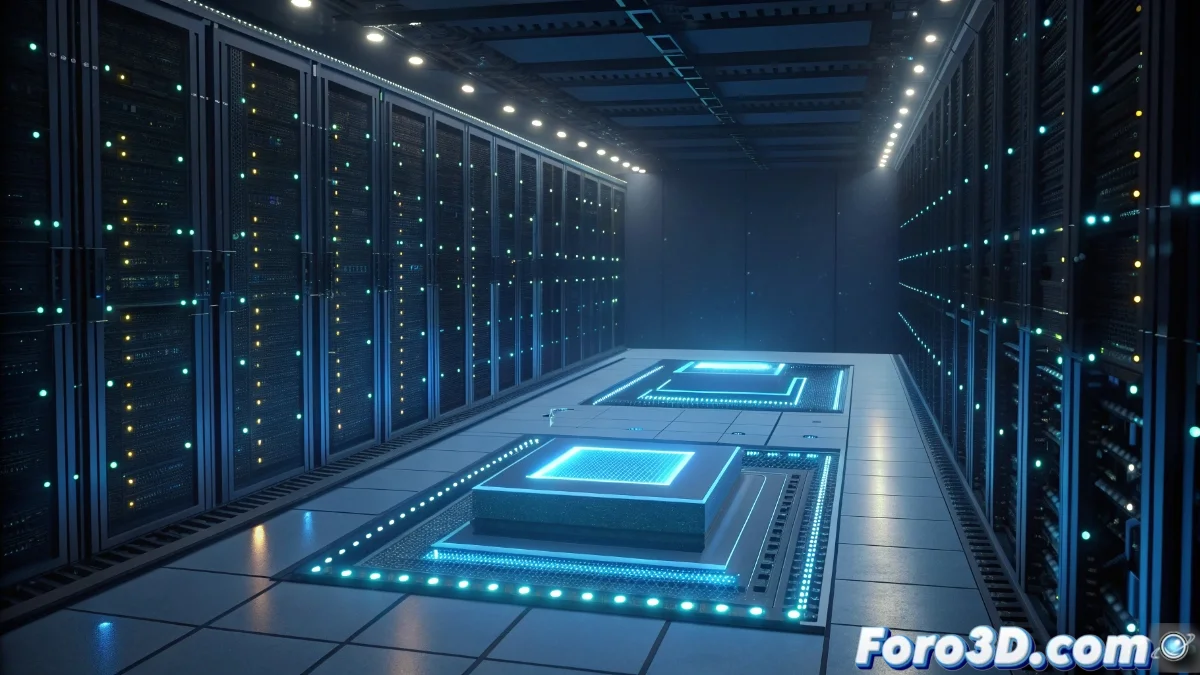 Representación visual de un procesador cuántico interconectado con servidores clásicos, mostrando flujos de datos y corrección de errores en tiempo real.