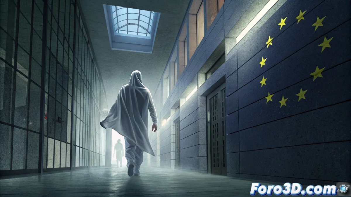 Mapa de Europa con flechas militares cruzando fronteras nacionales sobre fondo oscuro con edificios institucionales de Bruselas al fondo