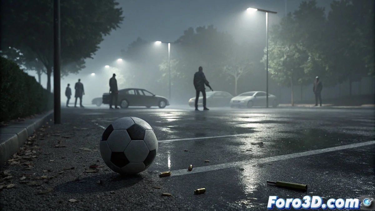 Estacionamiento nocturno lluvioso en Medellín con sombras alargadas y un balón de fútbol abandonado bajo faroles empañados, recreando la escena del crimen de Escobar