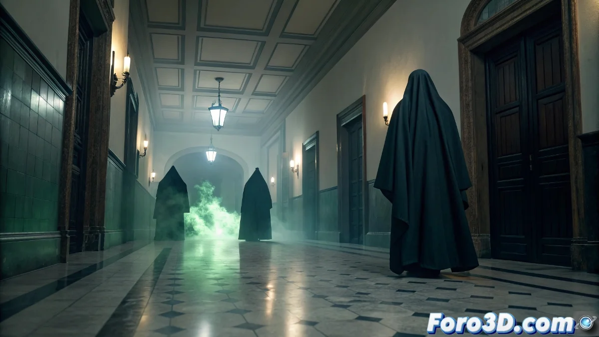 Pasillo oscuro de un palacio de justicia vacío con togas colgando en perchas y expedientes judiciales acumulando polvo en estanterías abandonadas