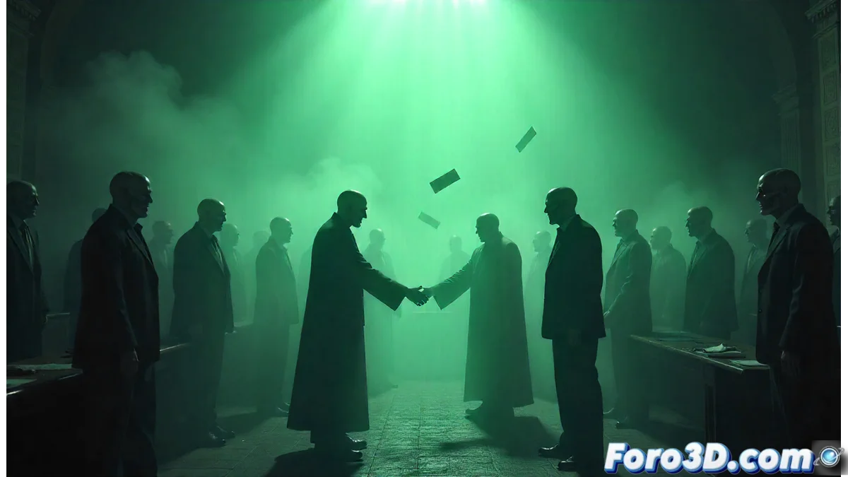 Pasillo gubernamental en penumbra con figuras sombrías formando una telaraña política sobre mapas y urnas electorales.