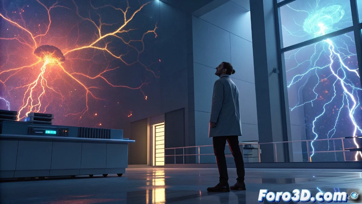 Ilustración conceptual del cerebro humano mostrando actividad en la amígdala y corteza prefrontal durante una experiencia sorprendente, con destellos neuronales y representación de neurotransmisores.