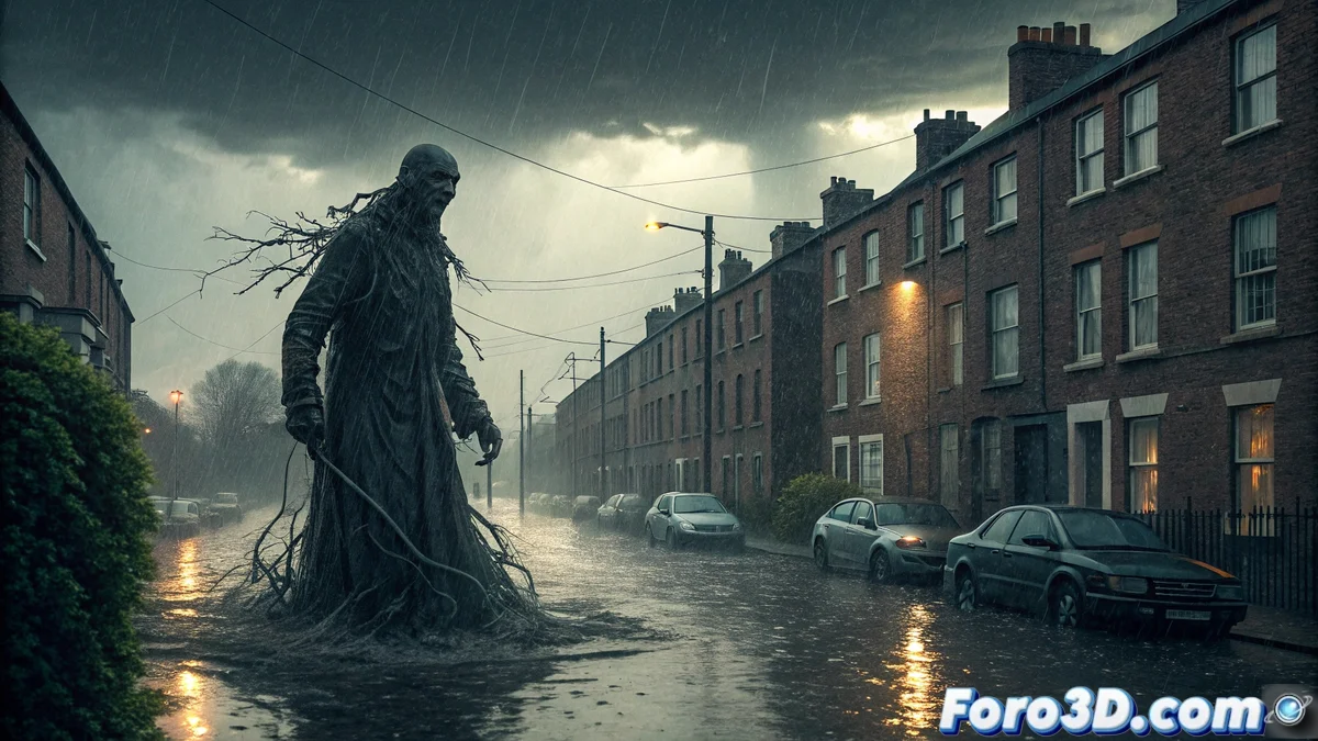 Una calle oscura de Dublín durante la tormenta Bram, con siluetas humanoides formadas por la lluvia y faroles parpadeantes que proyectan sombras retorcidas en los edificios antiguos.