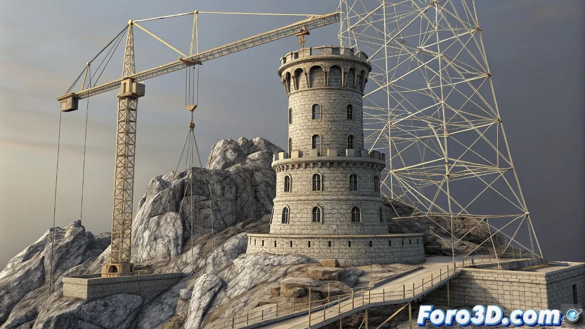 Render 3D de la Torre del Diablo en Cantabria mostrando su arquitectura en ruinas sobre acantilado con iluminación dramática y ambiente nebuloso.