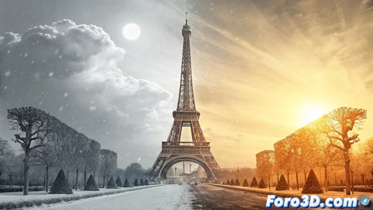 Torre Eiffel en día soleado de verano mostrando dilatación térmica, con diagrama superpuesto explicando la expansión del hierro a diferentes temperaturas.