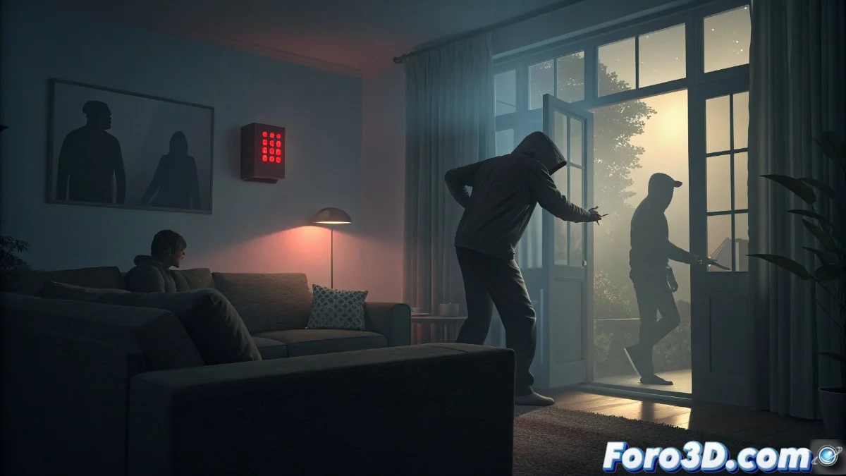 Vivienda con sistema de alarma Securitas Direct y símbolo de interrogación sobre legislación española de ocupaciones