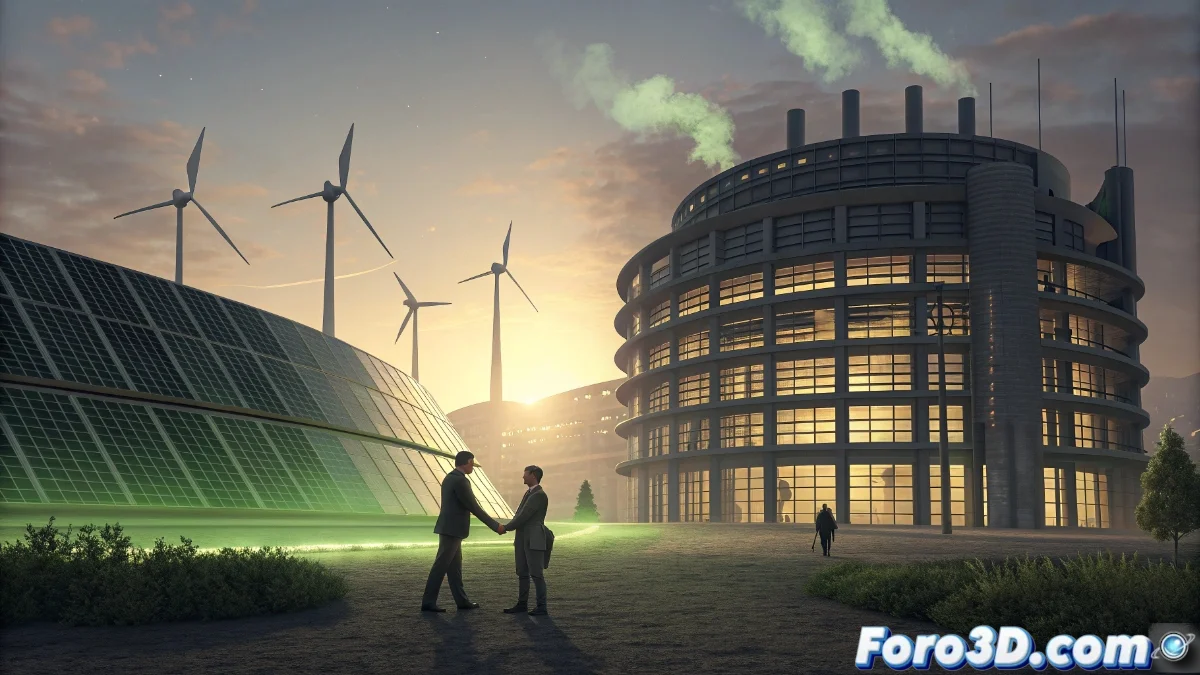 Representación gráfica de la reducción de emisiones contaminantes en Europa con iconos de fábricas, transporte y agricultura sostenible, mostrando una transición hacia energías limpias