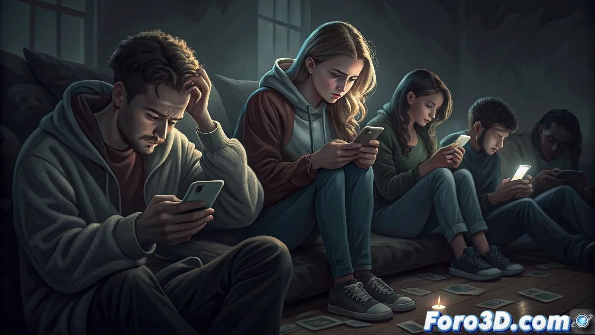 Grupo de jóvenes modernos mirando sus teléfonos móviles en un entorno urbano, algunos con expresiones de preocupación o ansiedad, mostrando desconexión entre ellos