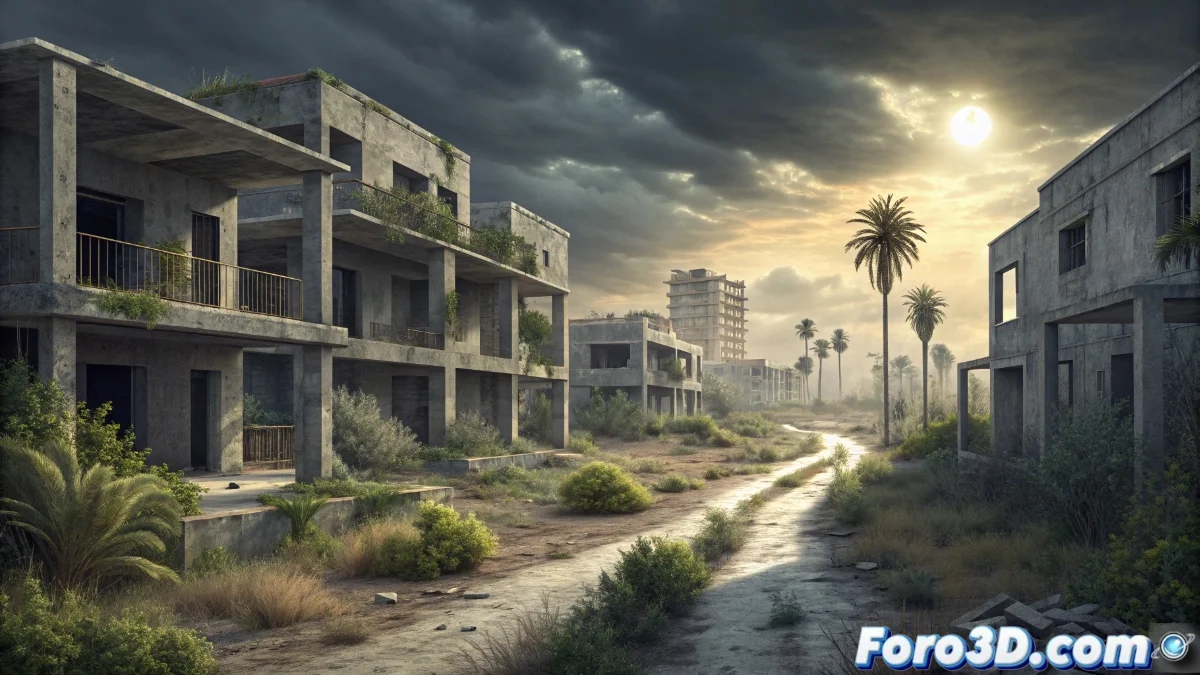 Vista aérea de los edificios abandonados de la Villa Olímpica de Roquetas de Mar mostrando estructuras a medio construir y zonas comunes deterioradas