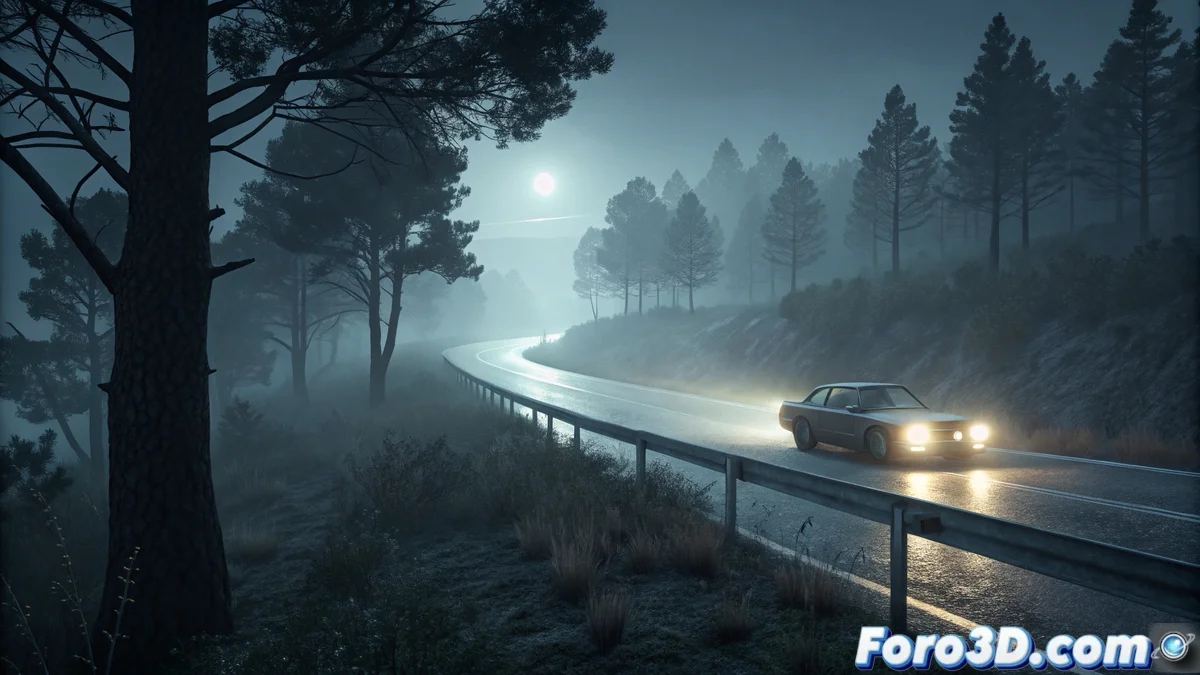 Carretera nocturna solitaria con neblina en el kilómetro 13 de la A-92 en Granada, mostrando un tramo desolado con señalización vial apenas visible