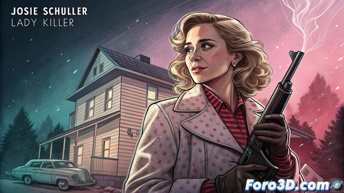 Josie Schuller en Lady Killer con atuendo años 60 sosteniendo arma con fondo de cocina perfecta, mostrando contraste entre domesticidad y violencia.