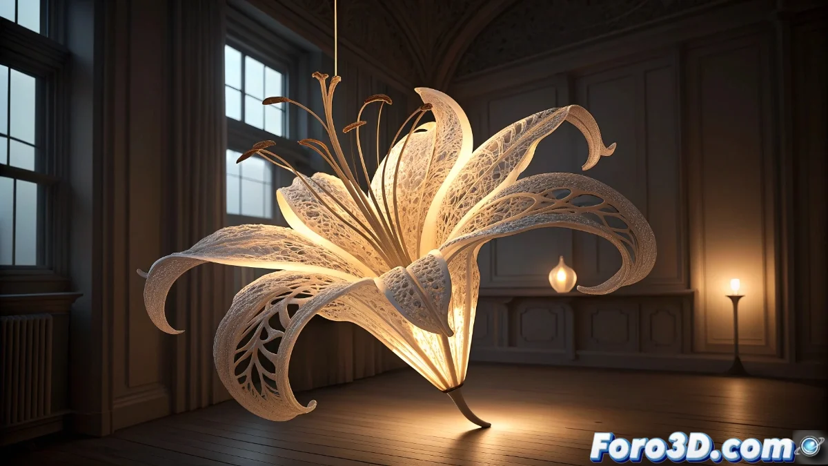 Lámpara Lily.MGX impresa en 3D con estructura floral blanca y detalles orgánicos, iluminada suavemente en un entorno moderno.