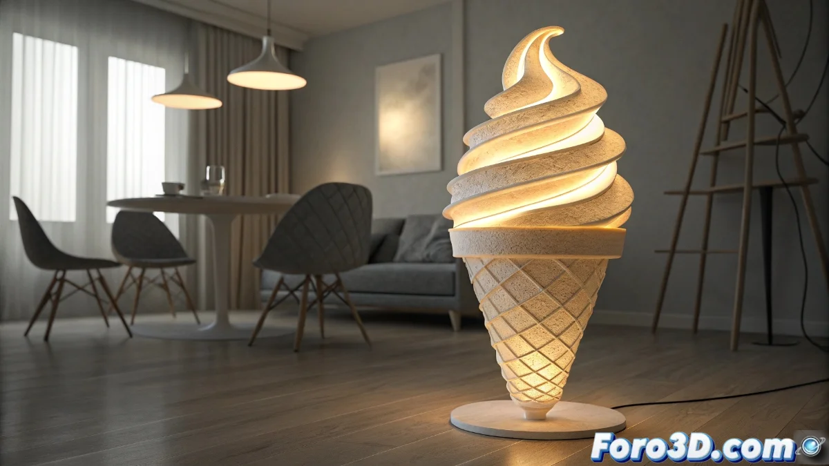Lámpara colgante Soft Serve con forma de espiral de helado, impresa en 3D con materiales reciclados, iluminando una habitación moderna con tonos cálidos