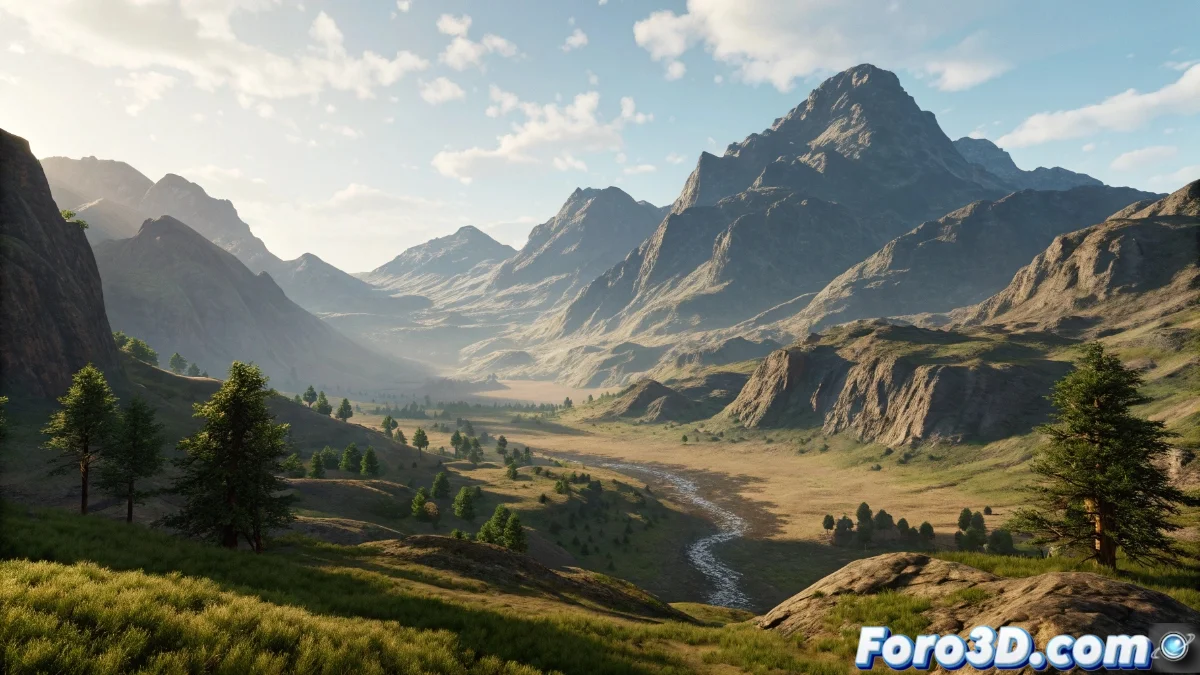 Panel de Landscape Blueprint Brush en Unreal Engine mostrando herramientas de esculpido procedural aplicadas a un terreno montañoso con interfaz de parámetros visible