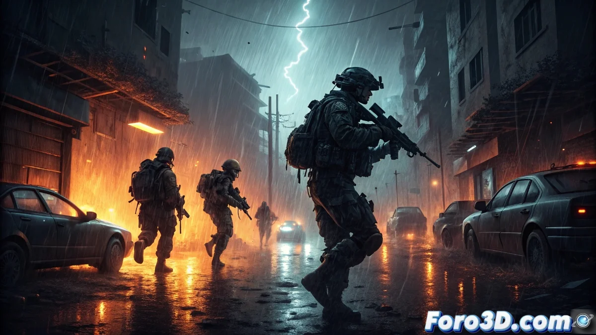 Portada promocional de Call of Duty: Black Ops 7 mostrando personajes en escena de combate futurista con interfaz de juego superpuesta