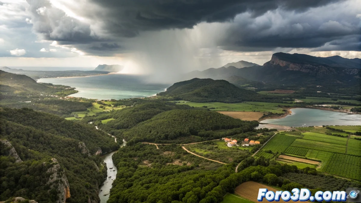 Mapa de las Islas Baleares mostrando acumulación de precipitaciones con colores gradientes desde azul claro a oscuro según intensidad de lluvias, incluyendo iconos de nubes y gotas de agua.