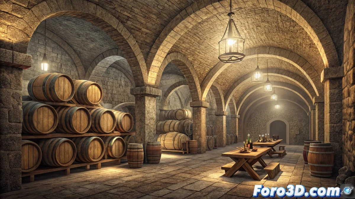 Interior iluminado de cueva-bodega tradicional con barriles de vino y visitantes participando en cata guiada por enólogo