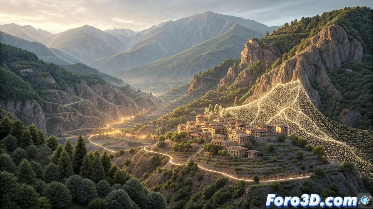 Composición en After Effects mostrando mapa animado de Las Hurdes con efectos de niebla, luces fantasmales y símbolos de rituales tradicionales flotando sobre el paisaje montañoso